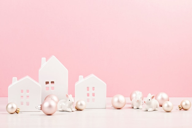 Little houses, rabbits and christmas decoration 