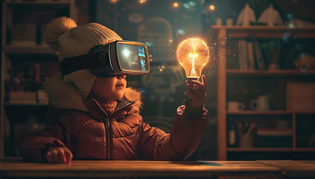 Photo little innovator a child exploring virtual reality and holding a glowing light bulb