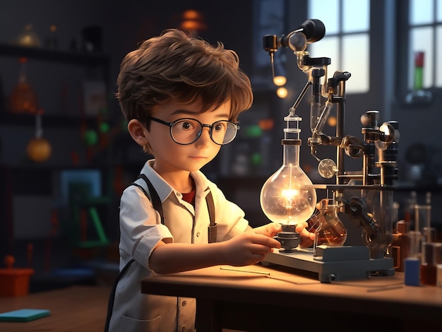 little inventor young boy performing a scientific experiment at a his lab 3D rendering