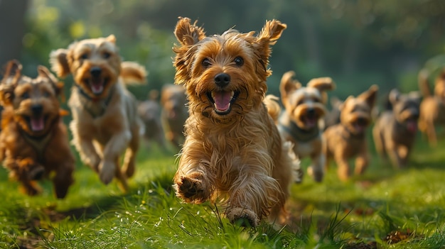 little Jack Russell Terrier dogs are running across a green meadow and have a lot of fun