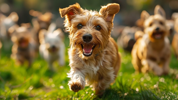 little Jack Russell Terrier dogs are running across a green meadow and have a lot of fun