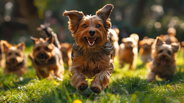 little Jack Russell Terrier dogs are running across a green meadow and have a lot of fun