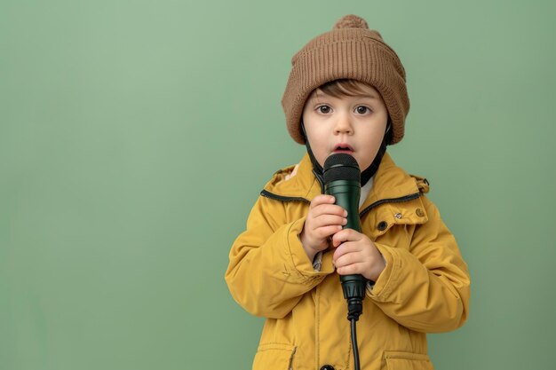 Little journalist with microphone on light green background with space for text