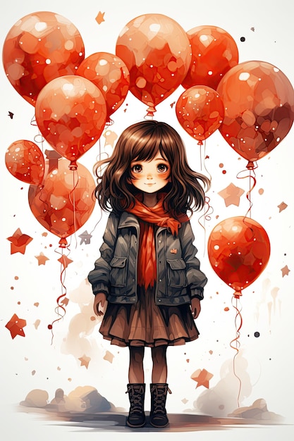 Little kawaii girl in a mantle with a hood on an autumn background surrounded by balloons Cute characters of a forest fairy tale Autumn postcards Generative AI illustration