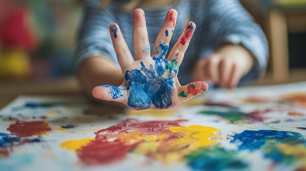 Photo little kid making painting with hand stamp