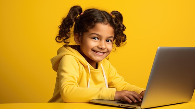 Little kid with a laptop on a yellow background