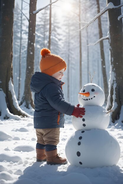 Little Kids Playing in the snow forest with snowman