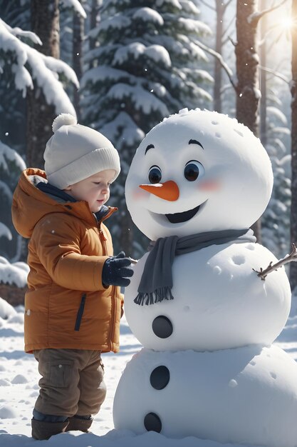 Photo little kids playing in the snow forest with snowman