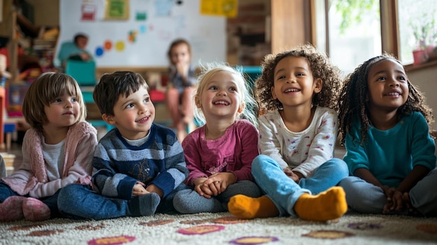 Photo little kids sitting together with friend on the floor