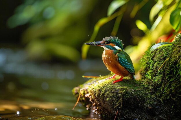 Photo little kingfisher hunting the fish on river full body shot