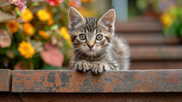 A Little Kitten Sitting On The Stairs In The Morning Looking Curious