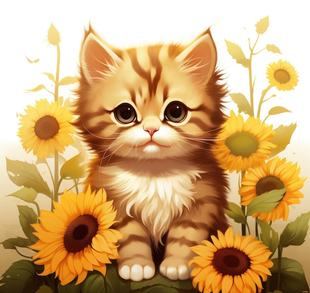 Little Kitten Sitting in Sunflower Field