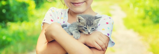 Little kittens in the hands of children. 