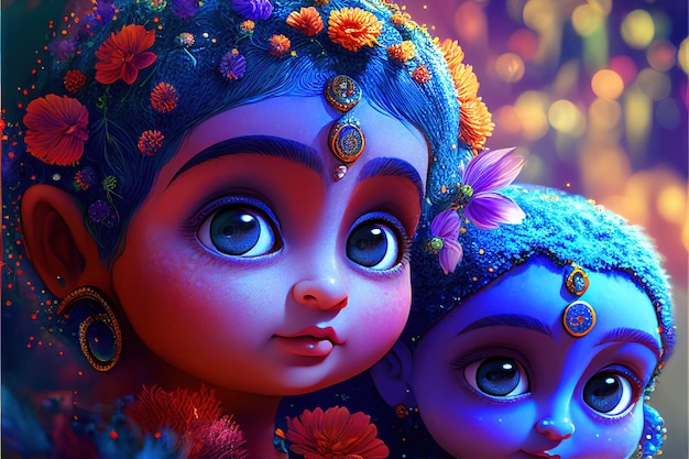 Little Krishna and Radha cute image 3D illustration but Generative AI