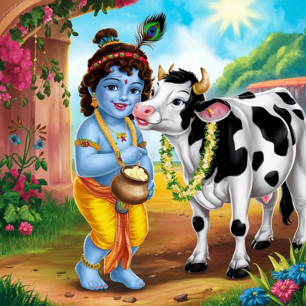 Photo little krishna with cow