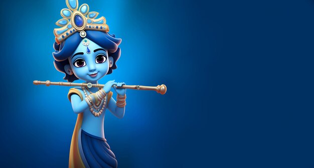 Photo little krishna with a flute on a blue background 3