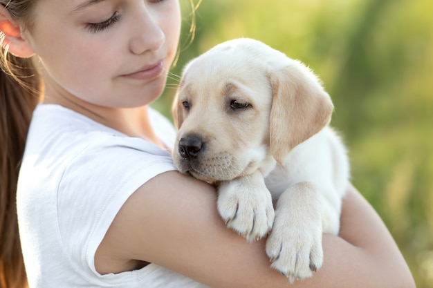 Little labrador puppy in the arms of a girl outdoors