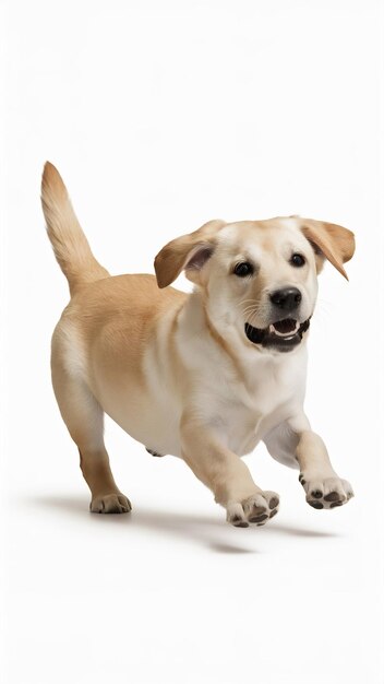 Little labrador retriever playing on white studio background