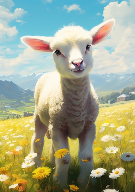 Little Lamb Standing in Field of Flowers