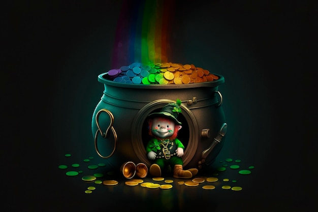 Little leprechaun peeks out of the pot with rainbow coins Saint Patricks day concept