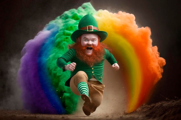 Little leprechaun runs on the rainbow Saint Patricks day concept