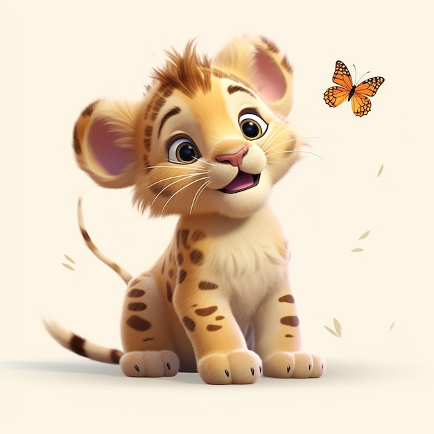 Little lion playing 3D cartoon illustration