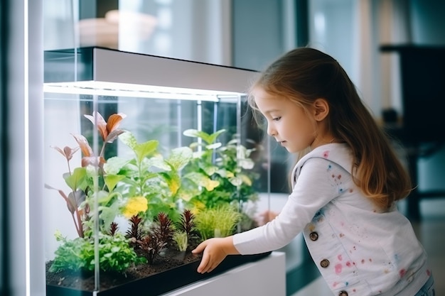 Little long haired girl looks with interest at a small plant seedlings growing in glass artificial ecosystem day light