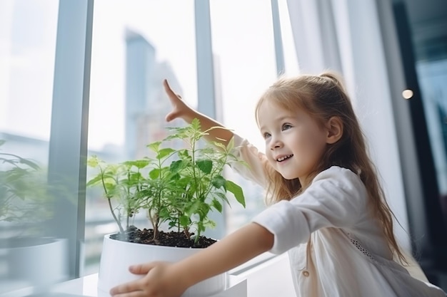 Little long haired girl looks with interest at a small plant seedlings growing in glass artificial ecosystem day light