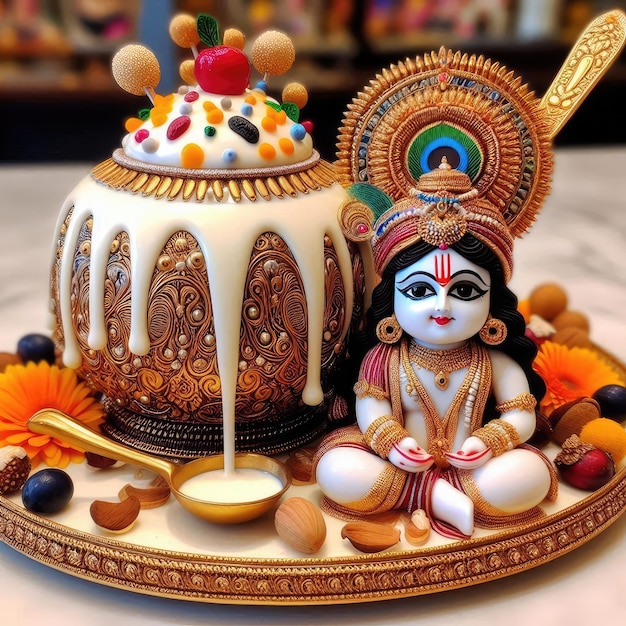 Photo little lord krishna is eating makhan