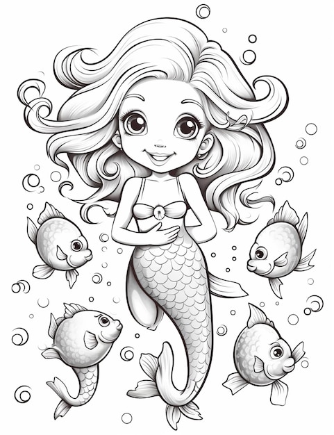 A little mermaid with fish and bubbles in her hands generative ai