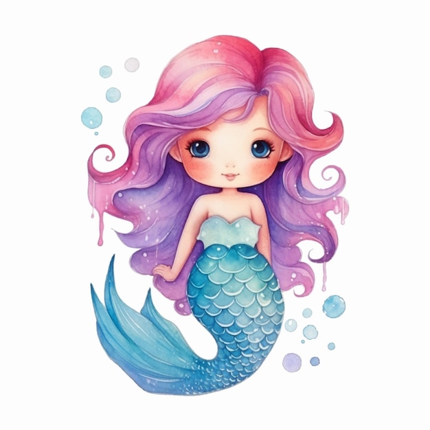 A little mermaid with purple hair and blue eyes sits on a white background.