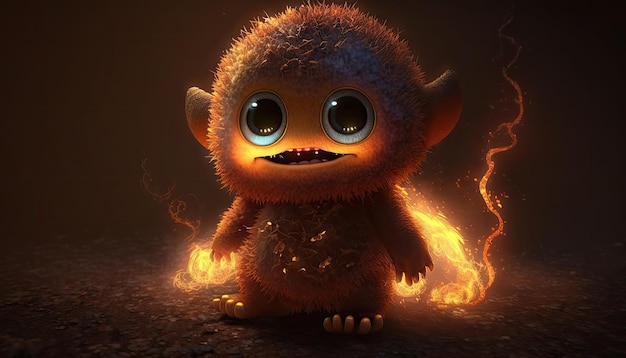 A little monster with big eyes is sitting on a fire.