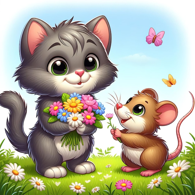 The little mouse presents flowers to the cat in celebration of her birthday