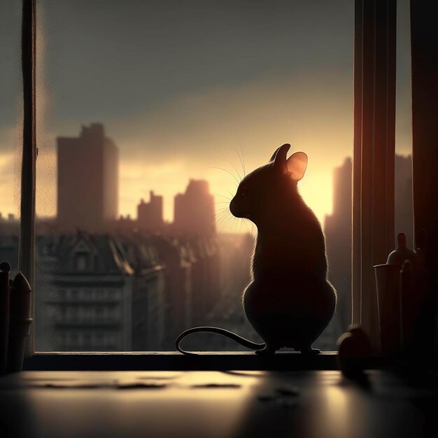 Little mouse silhouette looking at city view with morning light standing on high building city skyline Sunset scene generative AI