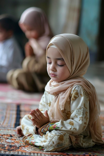 Photo a little muslim children praying at home