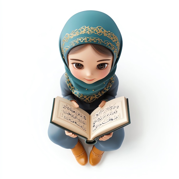 Photo little muslim girl reading quran islamic arabic symbol