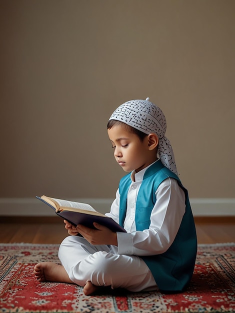 Little muslim kid show pray pose and read quran