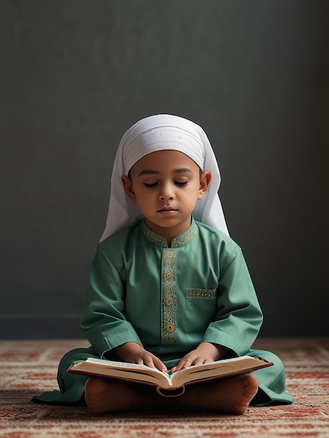 Little muslim kid show pray pose and read quran