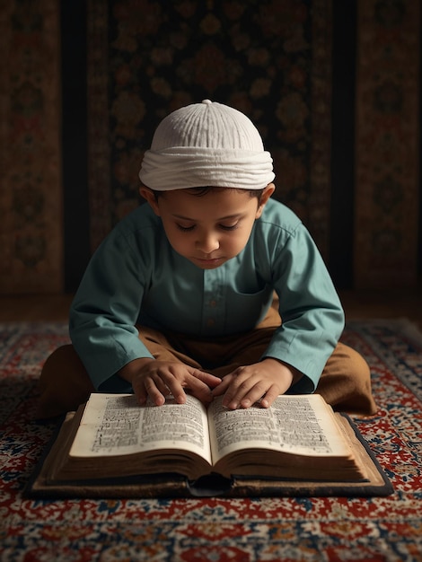 Little muslim kid show pray pose and read quran