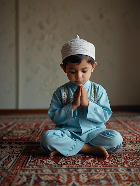 Photo little muslim kid show pray pose and read quran