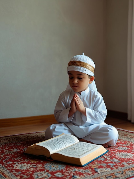 Little muslim kid show pray pose and read quran