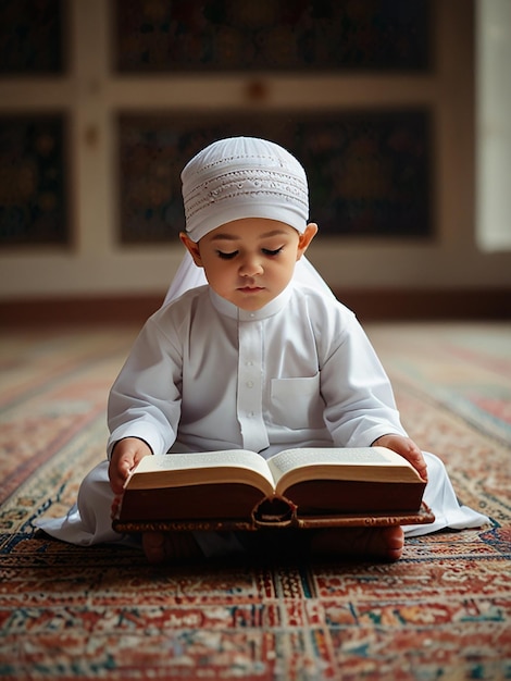 Little muslim kid show pray pose and read quran