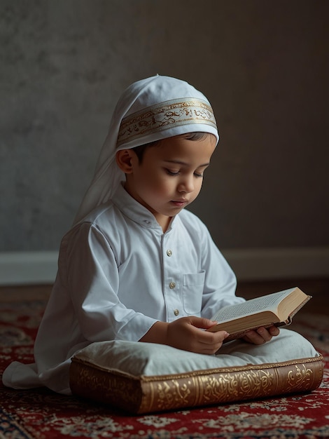 Little muslim kid show pray pose and read quran