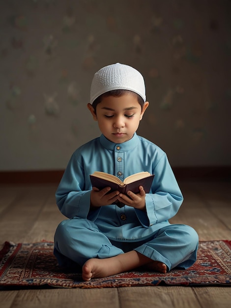 Photo little muslim kid show pray pose and read quran