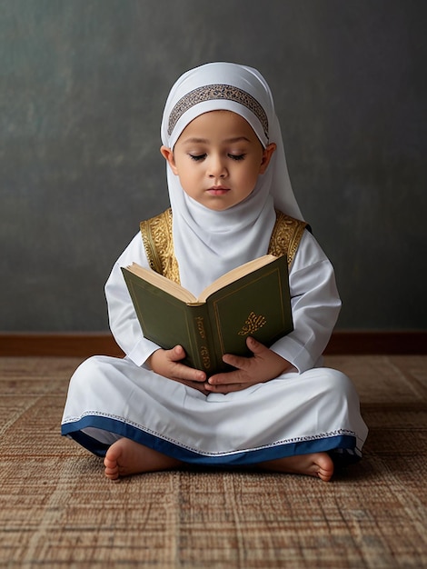 Photo little muslim kid show pray pose and read quran