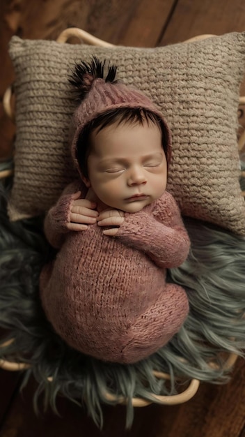 Little newborn baby in knitted clothes sleeps on the pillow