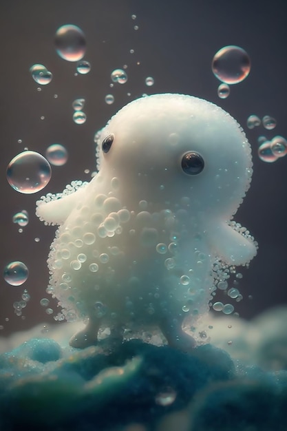 A little octopus with bubbles in the background