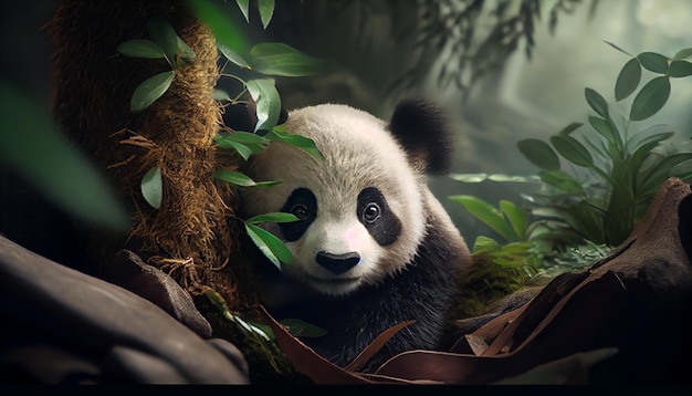 Little panda bear wild animal scene generative AI