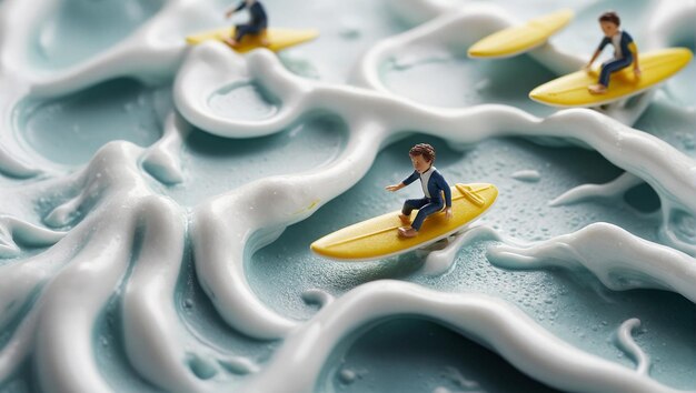 Little peasized surfer people surf on squeezed out white toothpaste