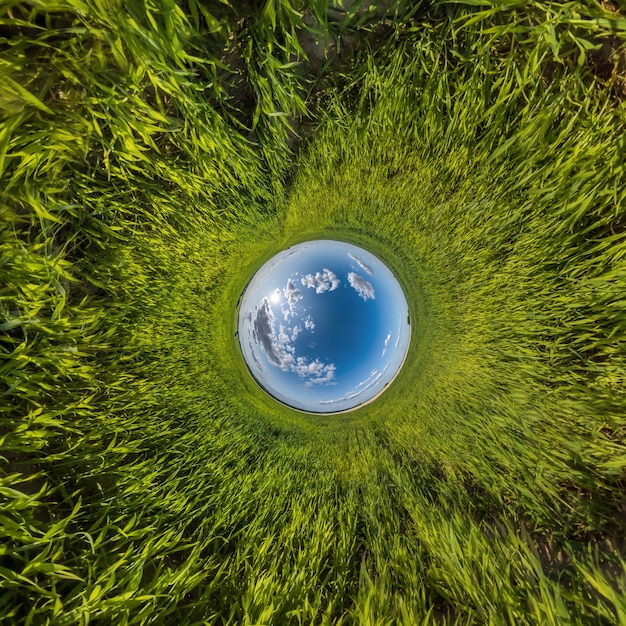 Photo little planet blue sky ball among gravel